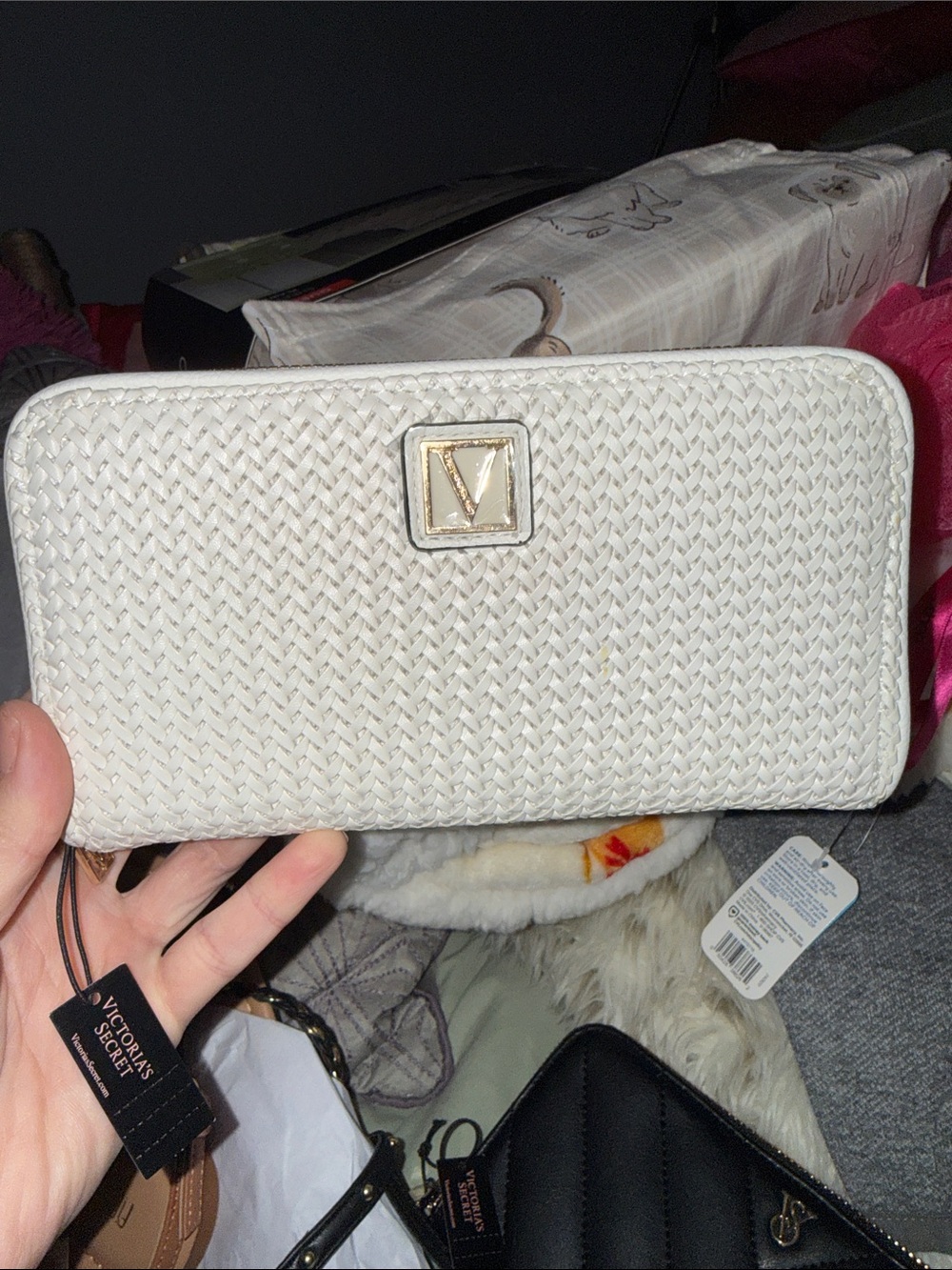 Victoria secret Woven Zip-Around Cream Wallet with Gold Accent